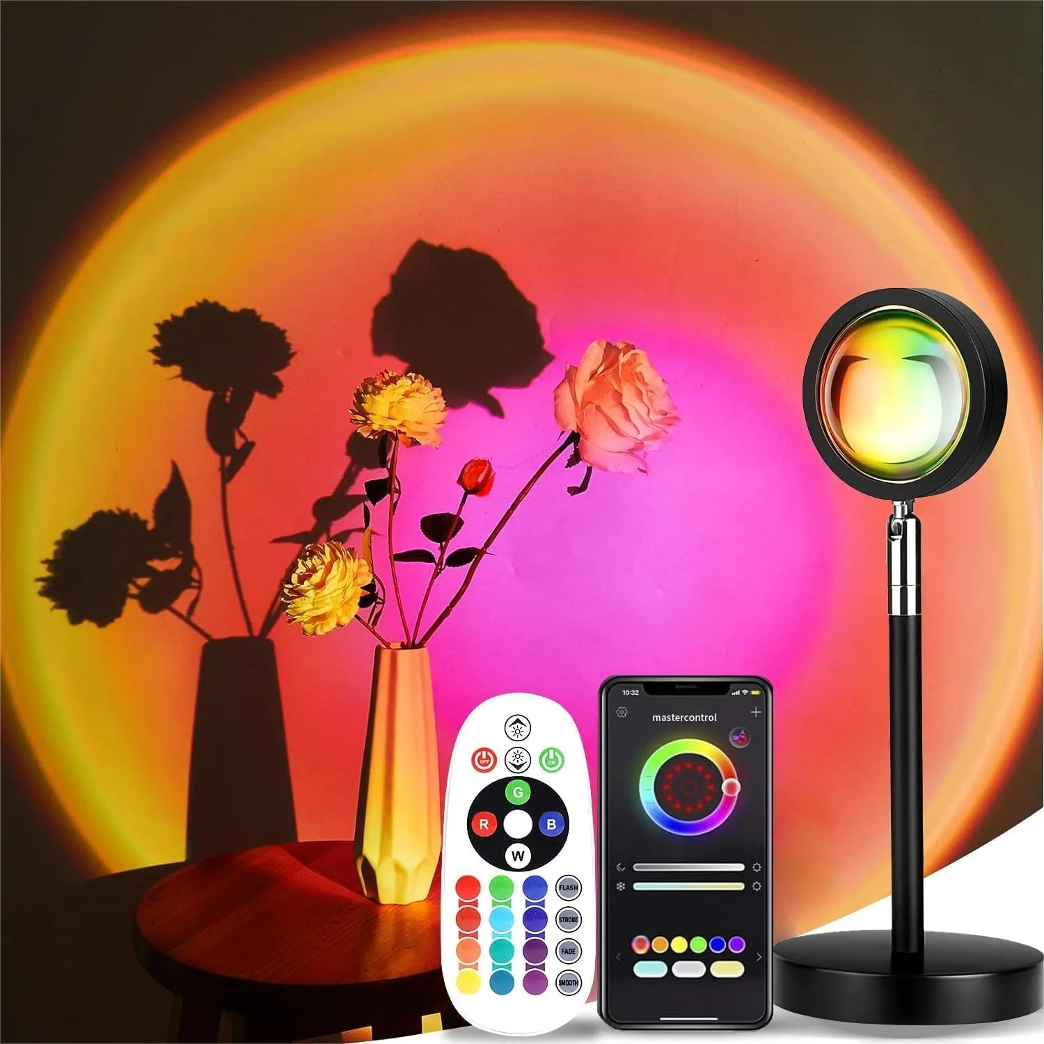 

Sunset Lamp Projection, 180° Rainbow Night Light 16 Colors Changing with Remote, for Vlog Photography Party Decor