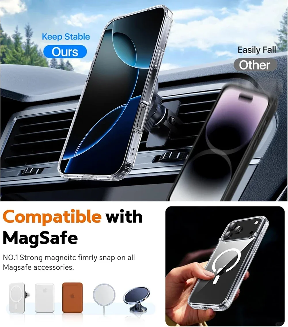 حافظة لهاتف Magsafe مغناطيسية عالية الدقة هجينة شفافة ناعمة لهاتف iPhone 17 17 Air 17 Pro Max غطاء مقاوم للصدمات من الأكريليك للشحن اللاسلكي