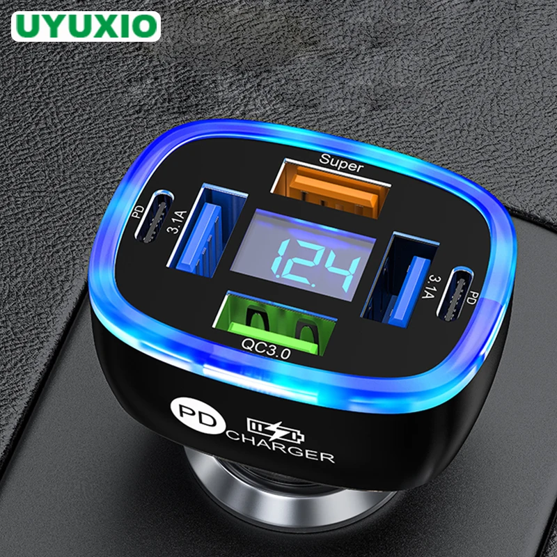 

UYUXIO Multi Port USB C Car Phone Charger Adapter 6 in 1 with Voltage Display Super Fast Charge for iPhone 16 15 Pro Max Samsung