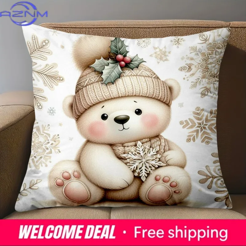1 Pieces Cute Teddy Bear Christmas Pattern Decorative Pillow Polyester pillowcase, sofa decorative cushion cov