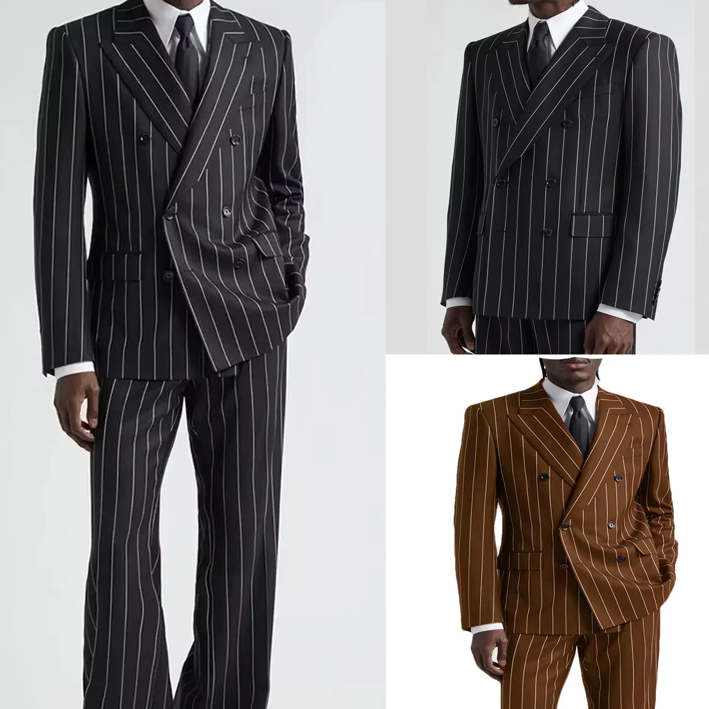 

New Classical Striped Men's Suit High Quality 2 Pieces Double Breasted Jacket Pants Business Casual Party Wedding Groom Tuxedo