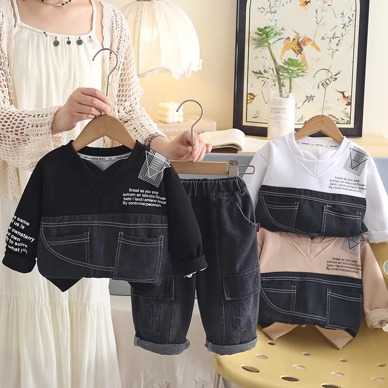 Boys Clothes Sets Spring Autumn Children Pullover Sweashirts Tops Denim Pants 2pcs Casual Suit For Baby Tracksuits Kids Outfits