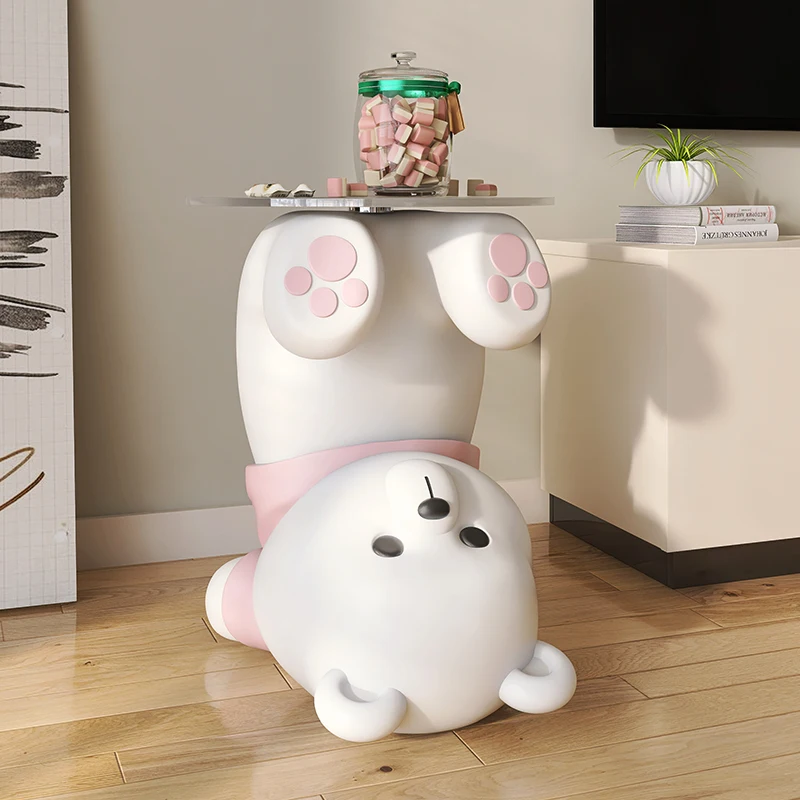 Creative Inverted Bear Statue Glass Coffee Table Cream Style Home Soft Decor Living Room Sofa Side Table Cute Bedside Table Gift