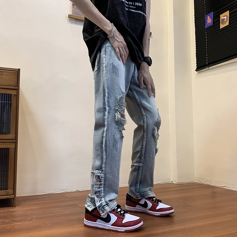 Men's Straight Leg Jeans Korean Design Sense Zipper Slim Wide Leg Pants Torn Frayed  Casual Summer Jeans