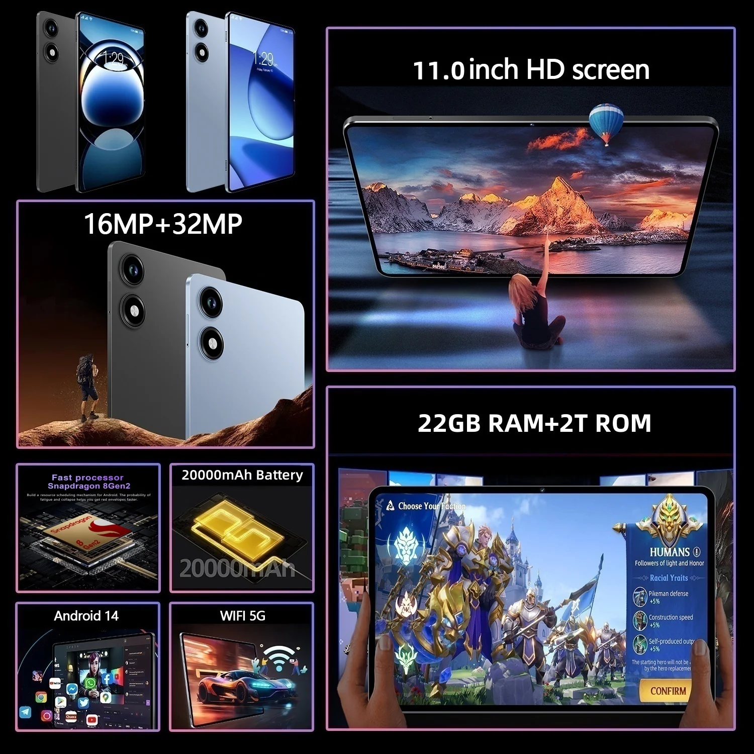 2025 النسخة العالمية الجديدة الوسادة S7 برو اللوحي 11 بوصة HD 4K 20000mAh أندرويد 15 22GB + 2T 5G المزدوج سيم مكالمة هاتفية واي فاي GPS WPS اللوحي