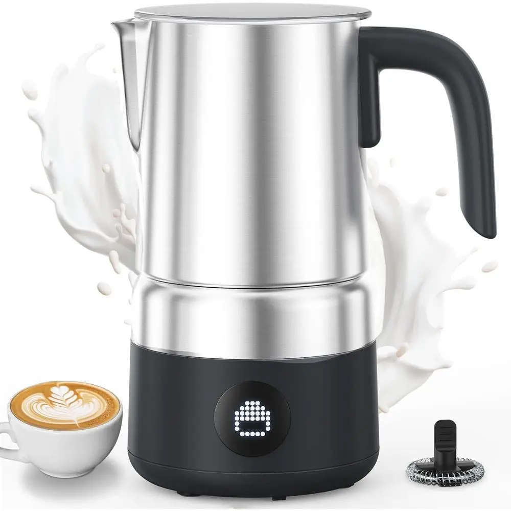 All-in-One Detachable Milk Frother and Steamer, 600W Automatic Coffee and Tea Maker, Stainless Steel, Dishwasher Safe, LED Displ