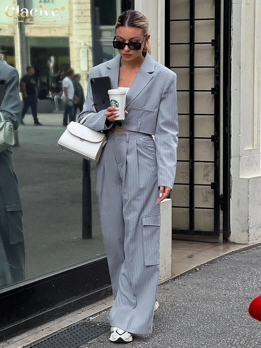 Clacive Fashion Loose Gray Stripe 2-częściowe zestawy damskie Outfit 2025 Elegancki top z długim rękawem i spodniami cargo z wysokim stanem