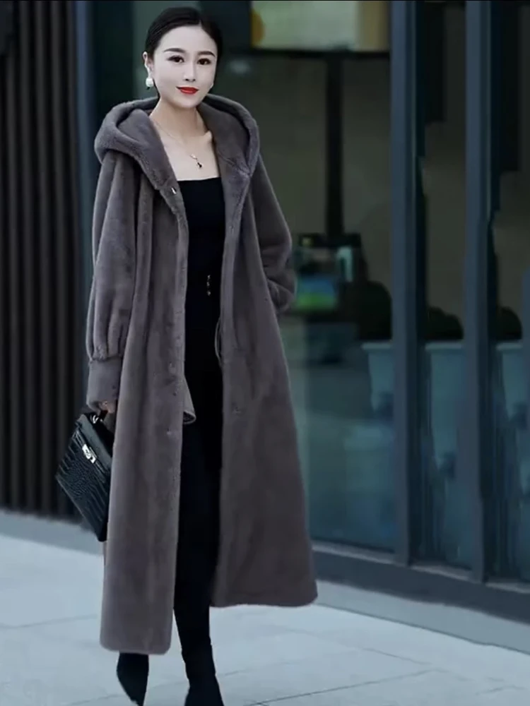 Abrigo con capucha de longitud media con adornos de piel ecológico para mujer Prendas de abrigo de piel de conejo Sli Casual Chic Long Sve Polyester Jaet