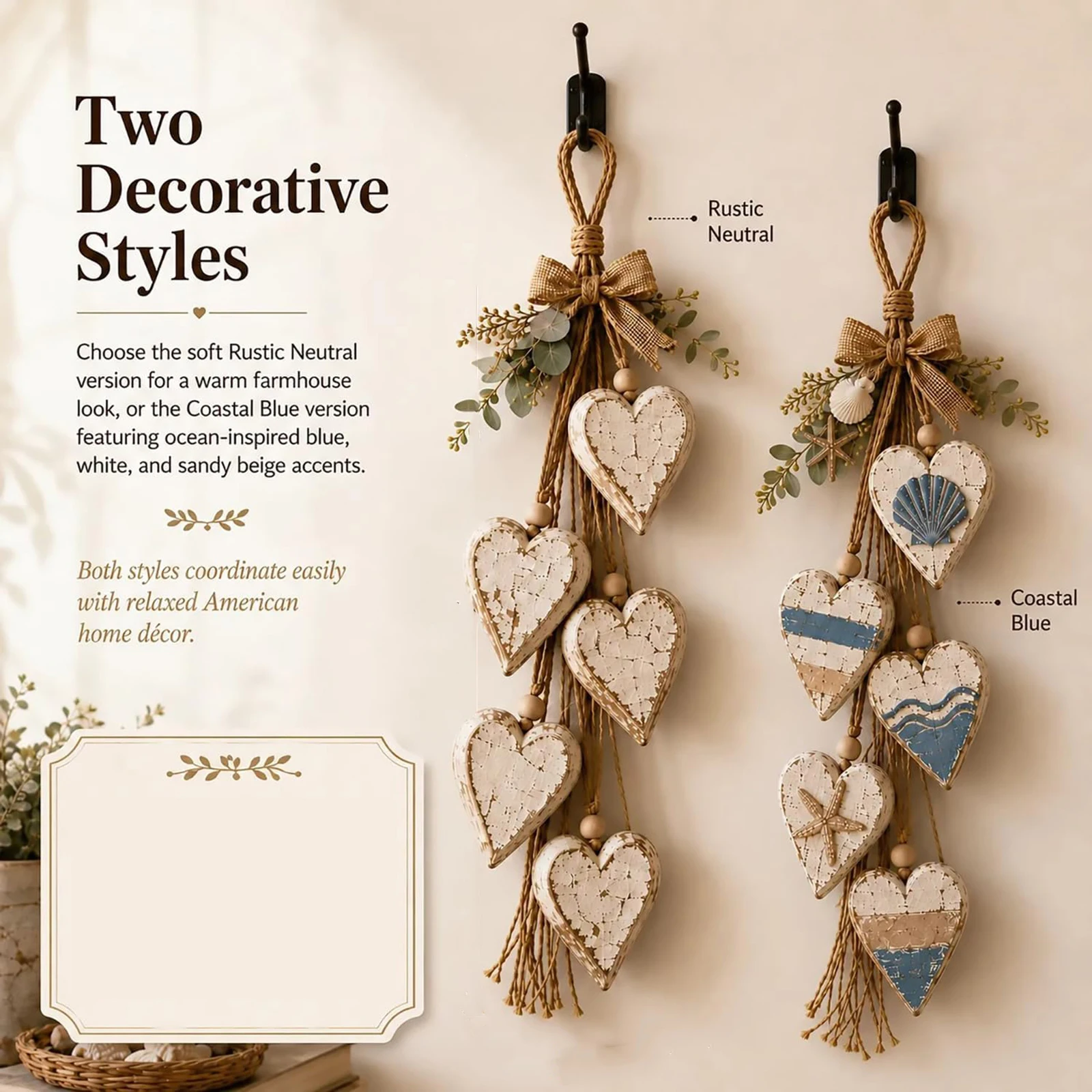 Distressed Wood Heart Decor 5 Layered Tiered Farmhouse Jute Rope Boho Vertical Wall Hanging Art