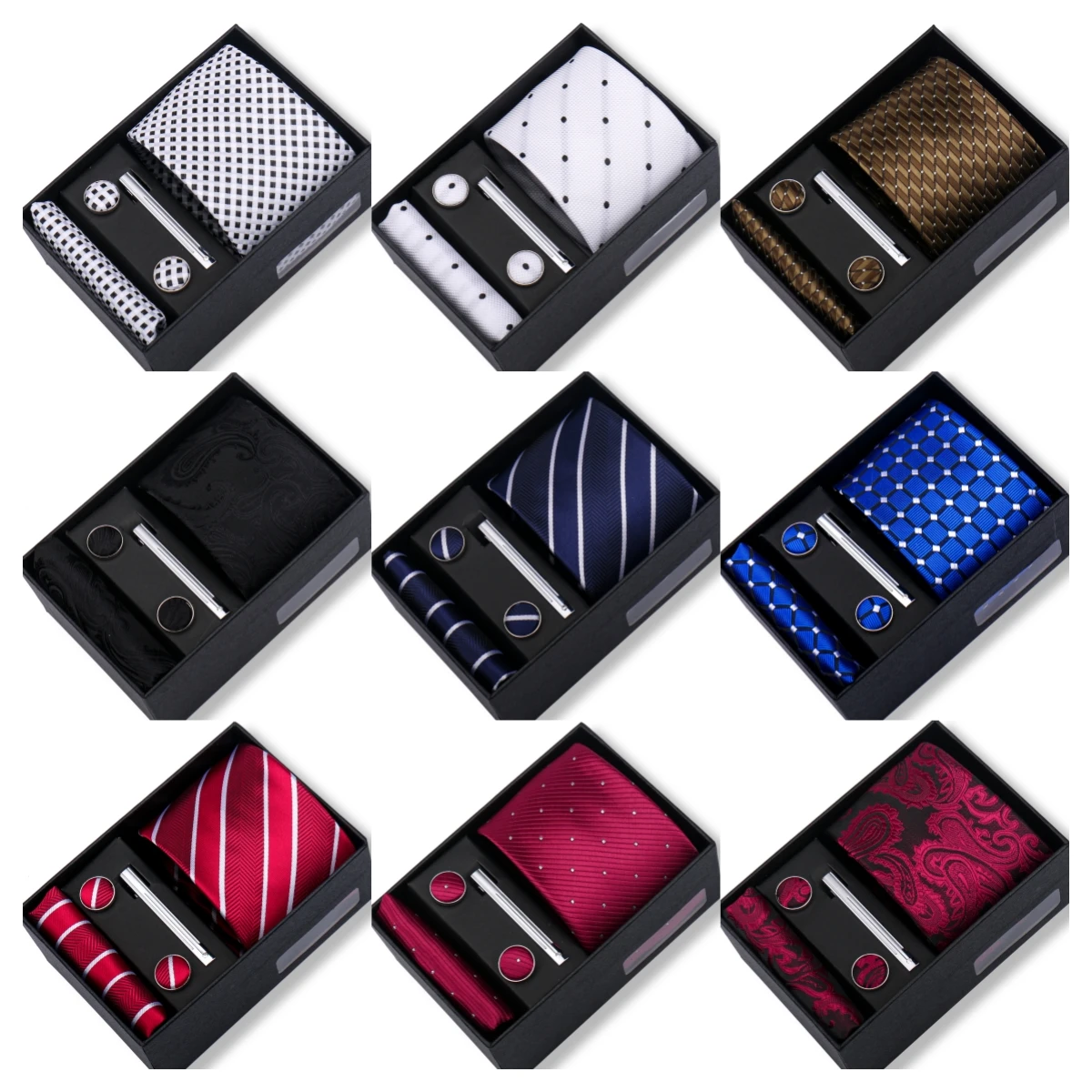 Fashion Elegant Men's Necktie Gift Box Striped Tie Handchief Cufflink Tie Clip 4 pcs Set Wedding Business Party Suit Accessories