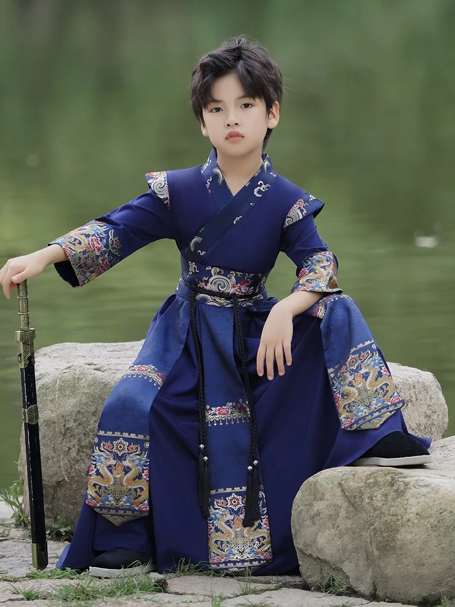 Boys Hanfu Stage Outfit Chinese Robe Baby Tang Suit Children Ancient Chinese Traditional Swordsman Costume Kids New Year Clothes