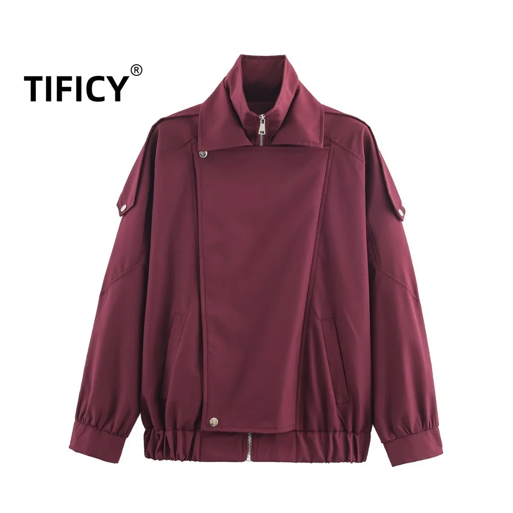 

TIFICY High Street Versatile Jackets Autumn New Women's Fashion Loose Double Collar Jacket Windbreaker Coat Red