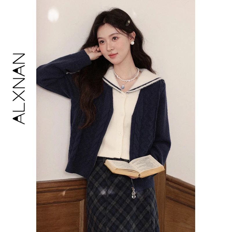 

ALXNAN Women's Cardigan Zipper Layered Look Deep Blue Short Sweater Winter Casual Preppy Style Long Sleeve Tops Ladies L59021