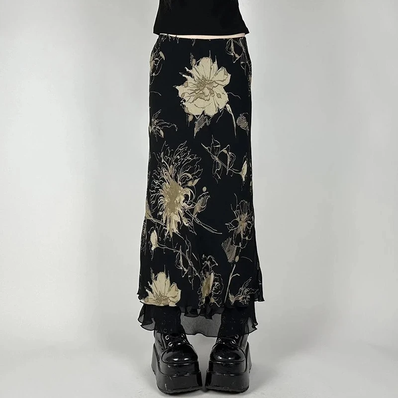 

2025 Fashion Aestheics Double Layer Mesh A-line Skirt Women Fashion Florals Print Slim Skirts Fairy Streetwear Gothic Bottoms