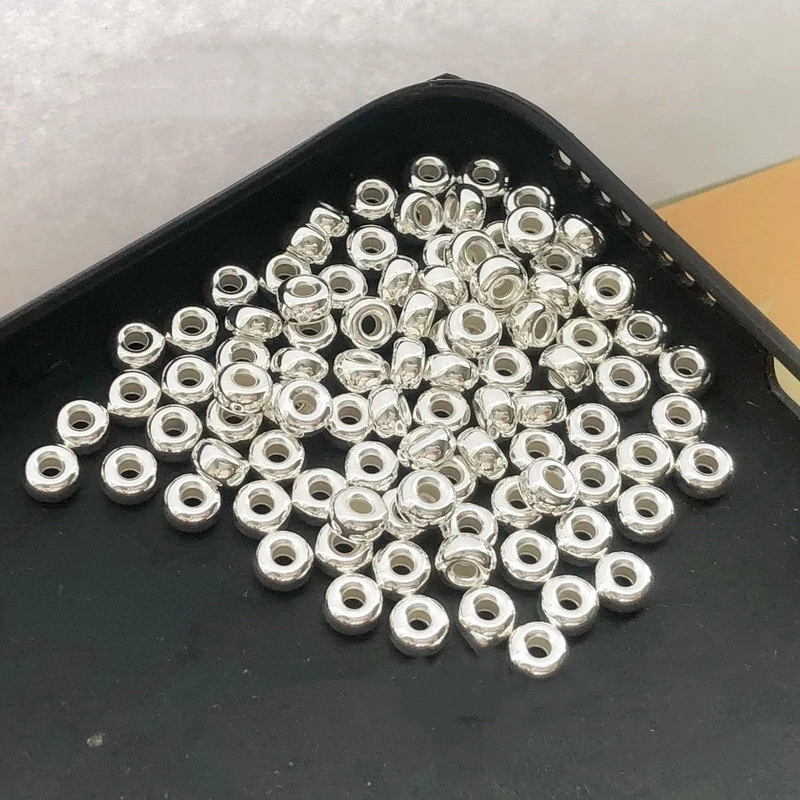 Oryginalne prawdziwe czyste solidne 925 srebro koraliki płaskie okrągłe luźne koraliki dystansowe duży otwór DIY komponenty do wyrobu biżuterii
