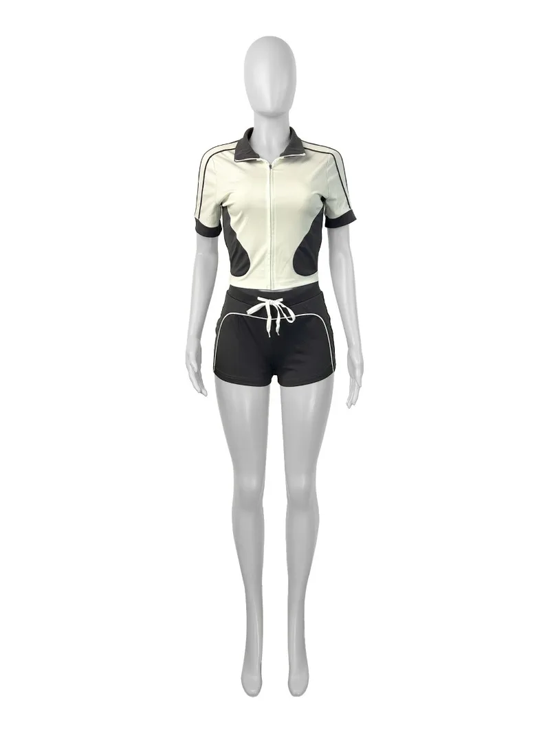 

2025 Summer Women Tracksuits Color Patchwork 2 Piece Set Short Sleeve Zipper Crop Tops + Shorts Fashion Casual Sporty Suits