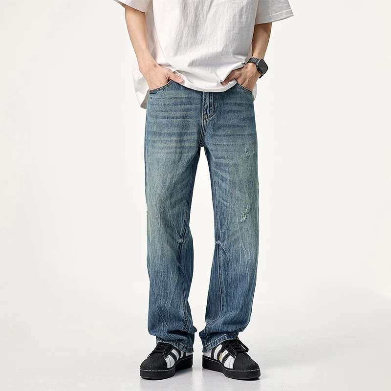 Summer New Men Straight Leg Distressed Light Blue Jeans Casual Versatile Minimalist Denim Trousers Trendy Streetwear Fashion