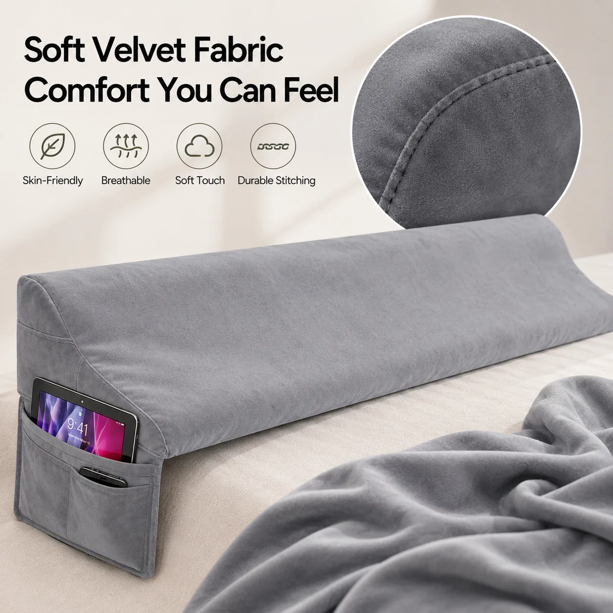 Bed Headboard Gap Filler Pillow 150cm, Soft Triangular Wedge Pillow with Multi Storage Pockets, Anti-Fall Bed Gap Cushion for Be