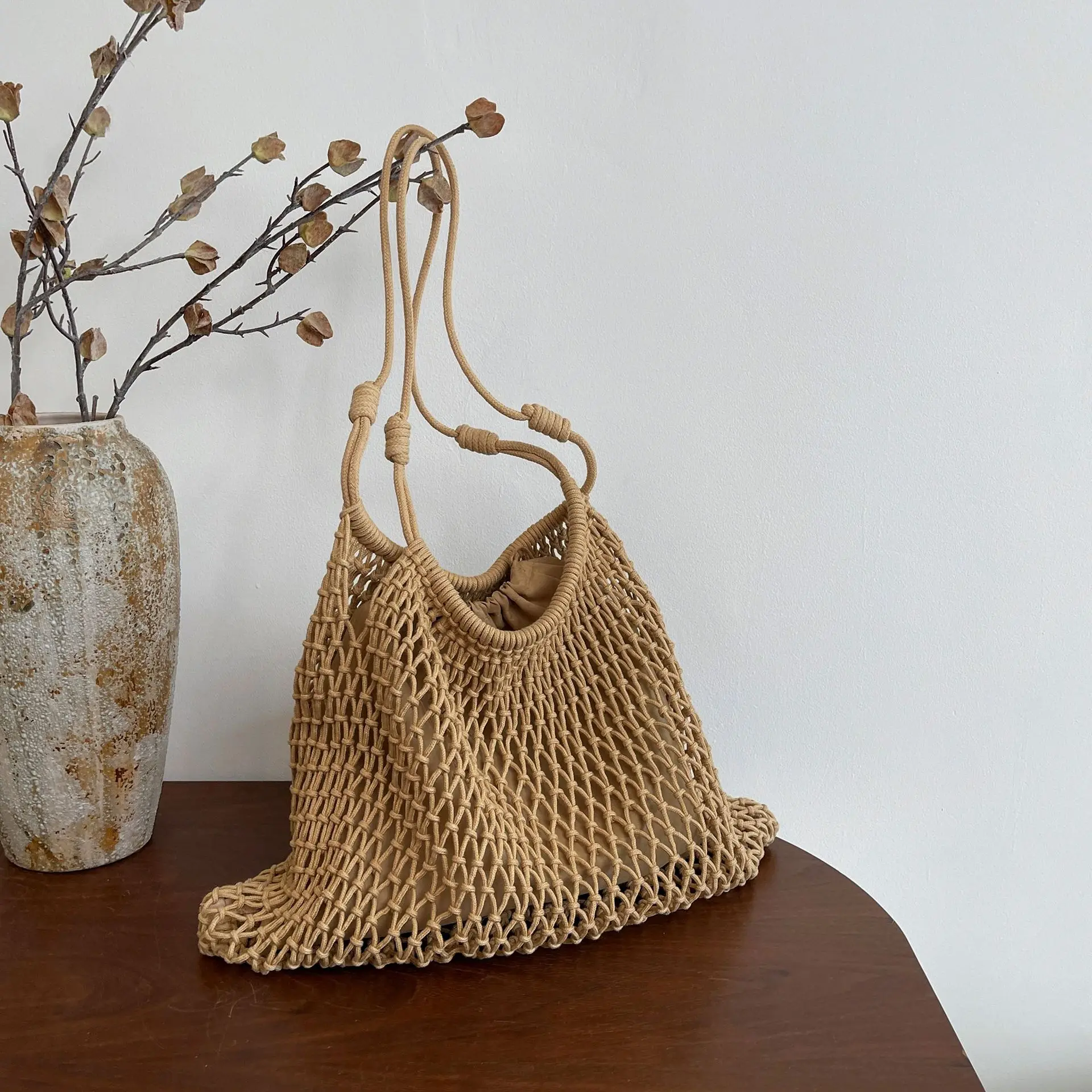 

Vintage Crochet Tote Bag Handmade Large Capacity Hollow Mesh Design for Beach Vacation Summer Travel