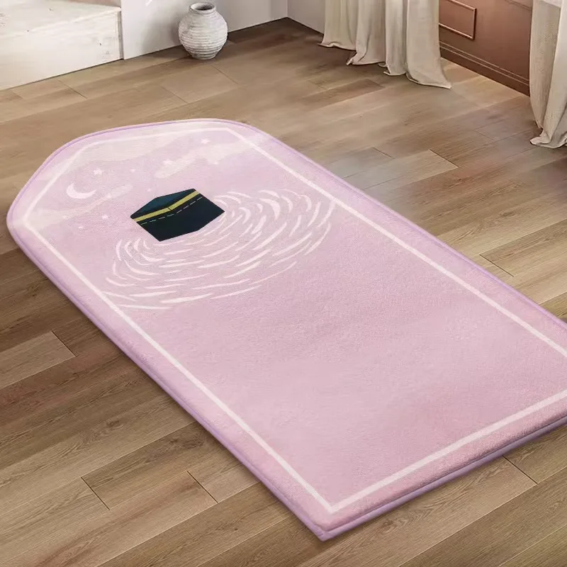 VIKAMA Pink Kaaba Pattern Prayer Rug with Minimalist Moon & Star Design Soft Bedroom Mat Spiritual-Inspired Rental Renovation