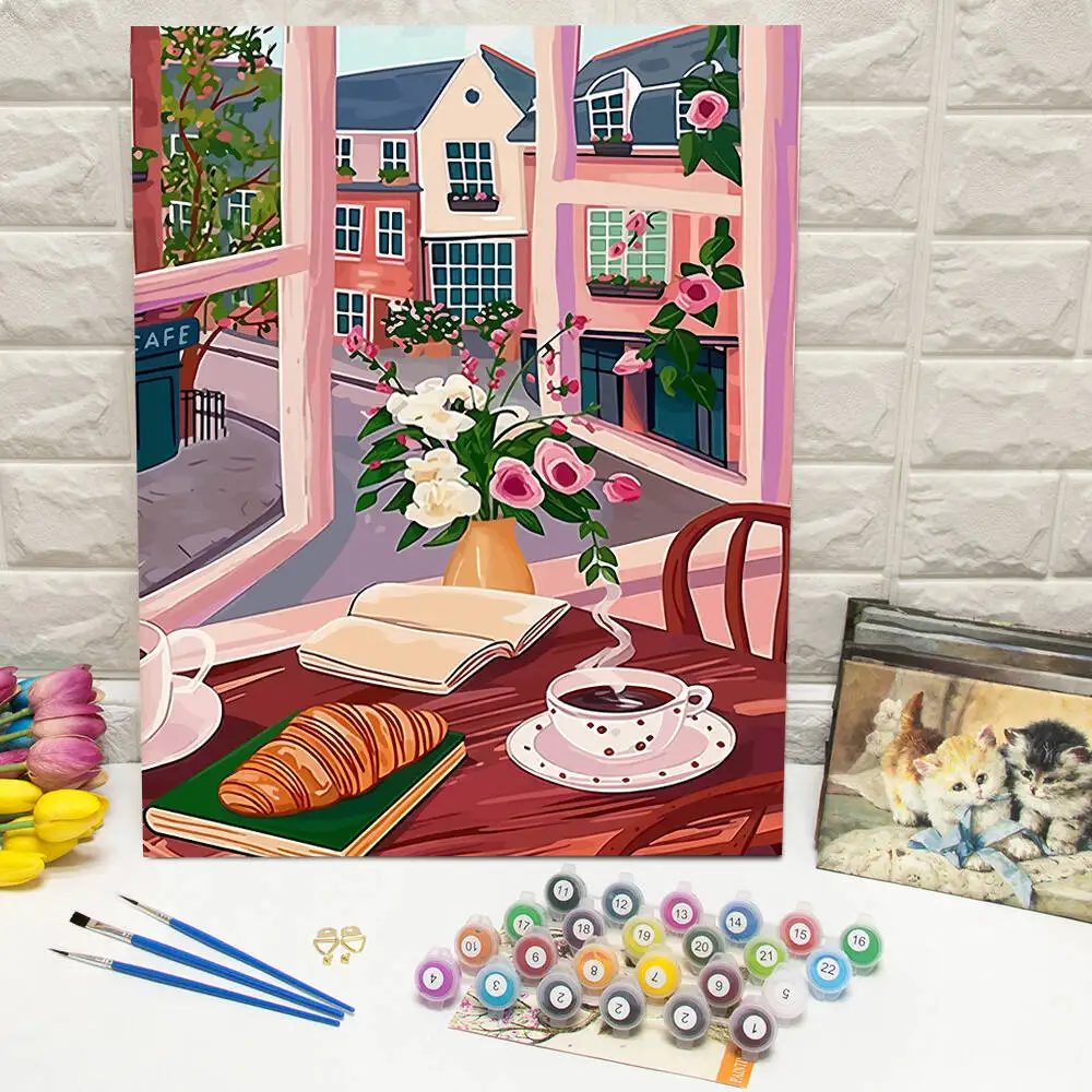 Ölgemälde nach Zahlen, Berglandschaft, DIY, digitale Malerei, Haus, Baum, Landschaft, Bild, Kunsthandwerk auf Leinwand, handgemaltes Geschenk