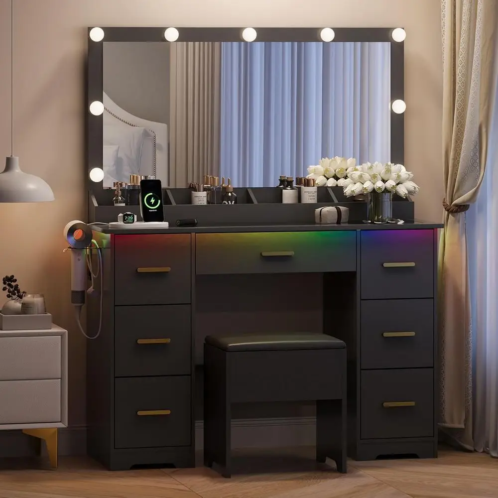 

Illuminated Vanity Desk with Power Outlet, Adjustable Mirror and Cushioned Seat for Makeup
