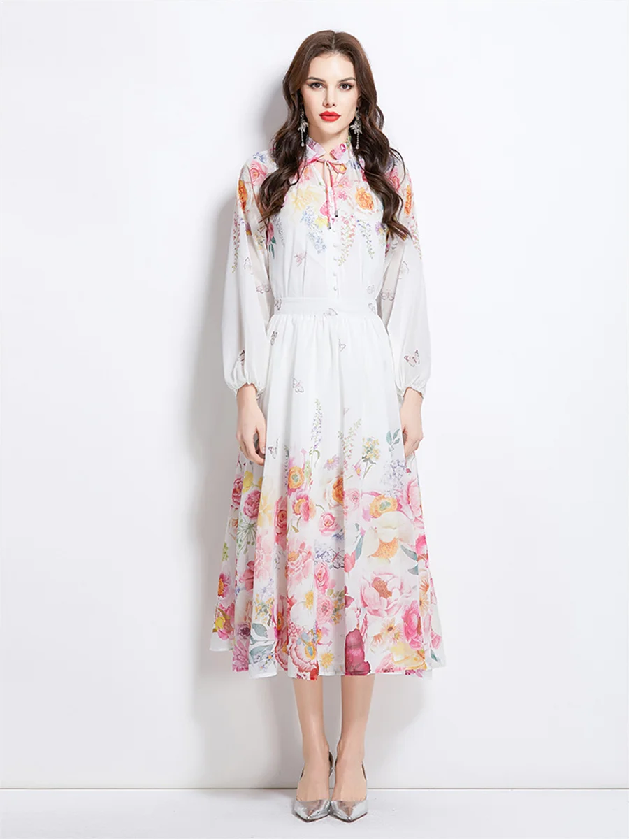 

2025 Spring Autumn Vacation Beach Chiffon Two Piece Sets Women's Lace-up Long Sleeve Blouse Tops and Long Skirt Suits Outfits