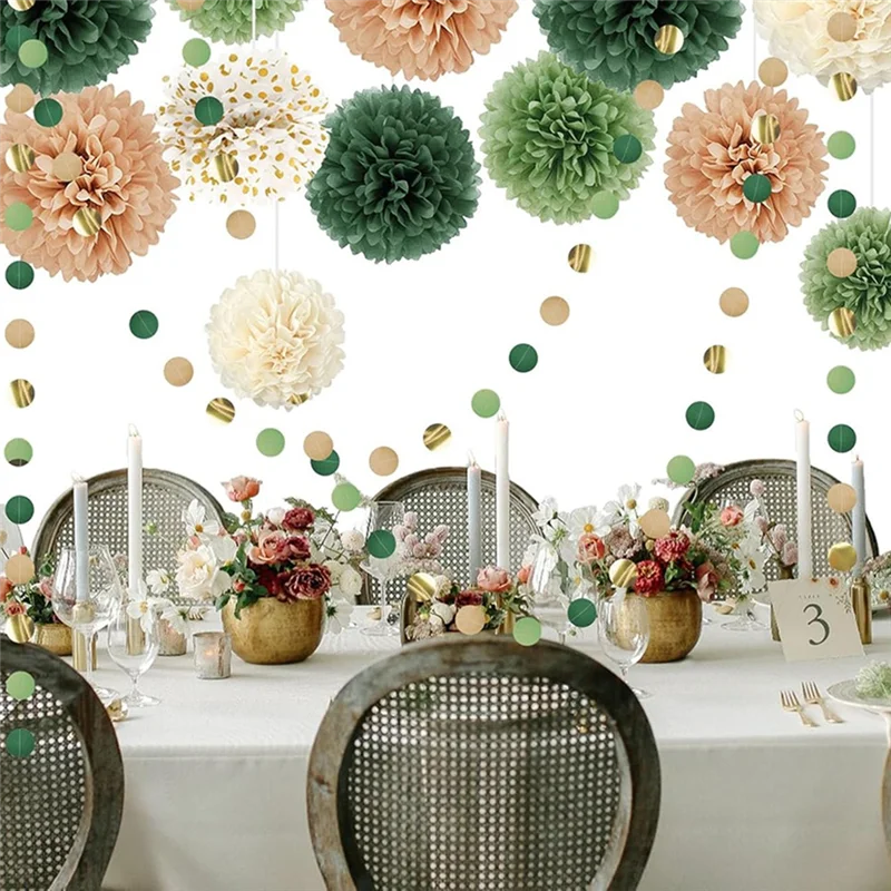 MOPHE-Für Hochzeit Party Dekorationen Set, grüne Seidenpapier Punkte Girlande, 15PCS Pom Poms String hängenden Hintergrund für Hochzeiten