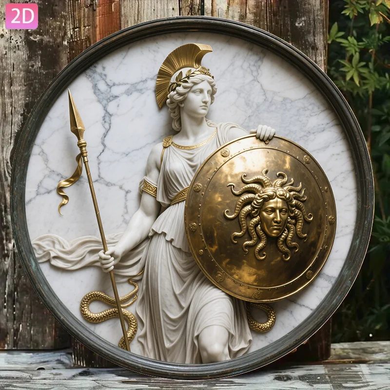 Athena, griechische Göttin, Medusa-Schild, rundes Metallschild, 2D-Flachdruck, Mythologie-Wandkunst, wetterfest, Dekoration im antiken Stil, Blechschild