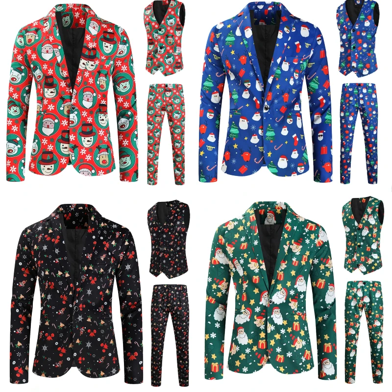 

Рождественские костюмы, мужской костюм из трех предметов с рождественским принтом, куртка, брюки, жилет, новинка для взрослых, праздничный вечерний блейзер, комплект