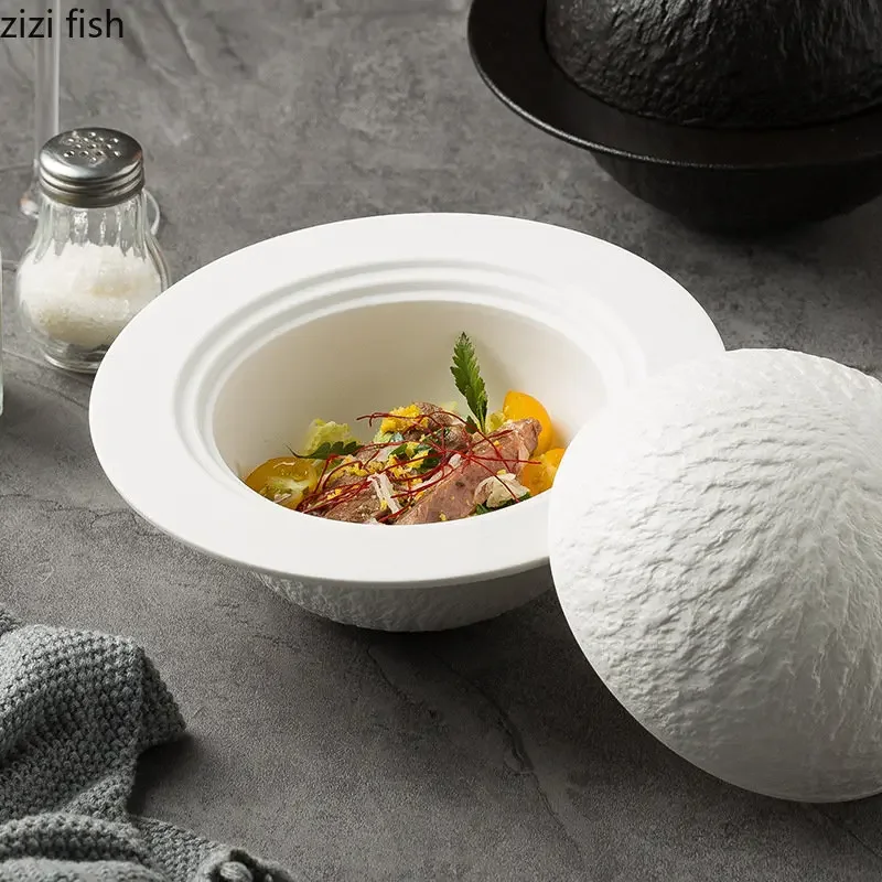 Ceramic Bowl with Lid Creative Rock Texture Thick Soup Bowl Dessert Bowl Pasta Bowls Salad Bowls Restaurant Specialty Tableware