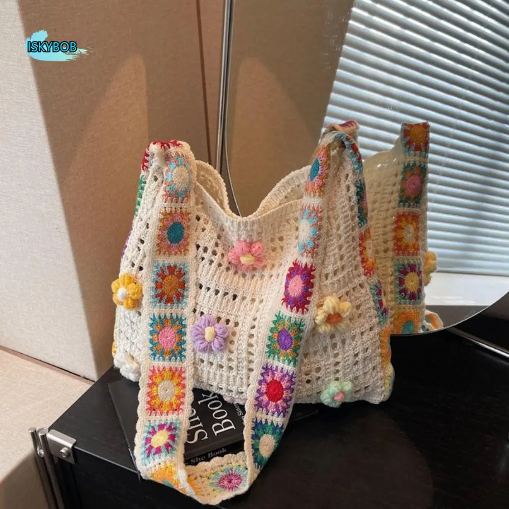 

Вязаная сумка через плечо в стиле бохо с цветочным принтом в этническом стиле, богемная вязаная крючком сумка через плечо, ленивый стиль, полая повседневная тканая сумка, пляжная