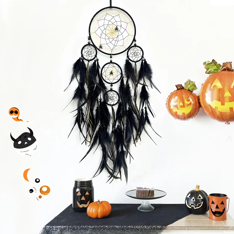 Dream Catcher Hand-woven Black Feathers Wind Chimes Room Wall Hangings Halloween Decorations Festival Party Gifts Home Accessory