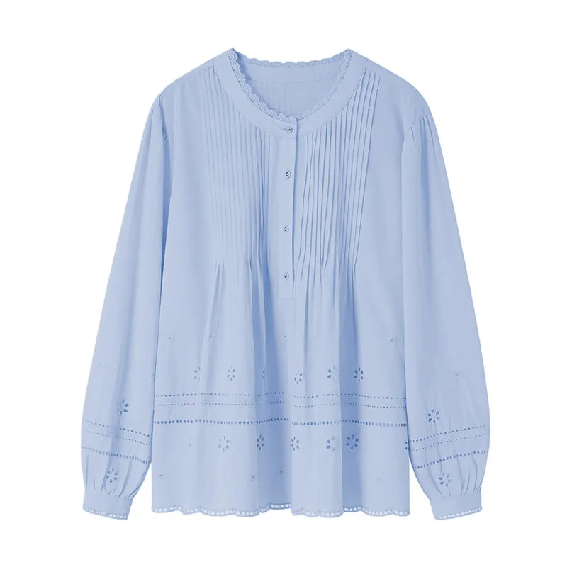 HKSH Women Cotton Shirt Elegant Pleated Design Hollow Out Buttons Niche Solid Color Casual Loose Chic Long Sleeve Blouse HK27436
