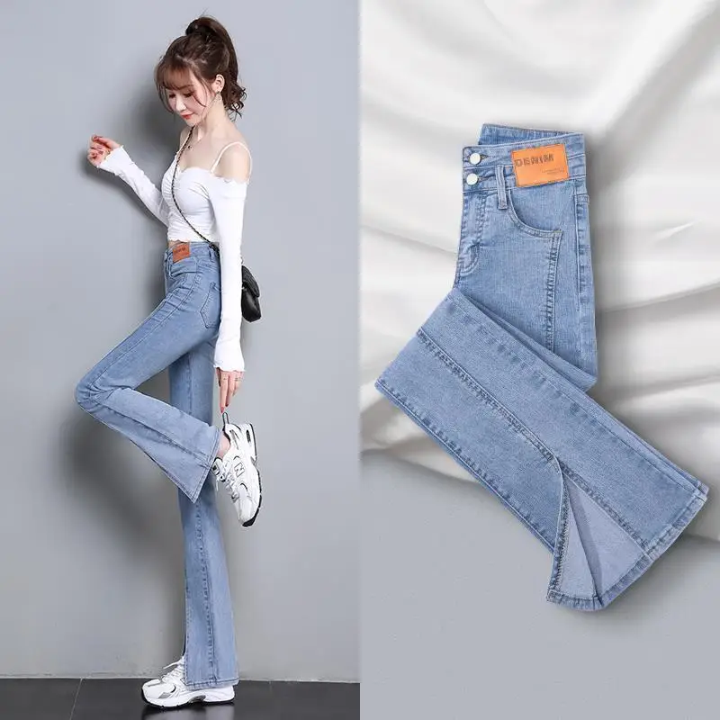 

Korean version of high waisted elastic slit floor mopping cropped jeans 2024 Spring and Autumn new wide leg micro flared pants