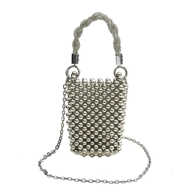 Fashion Small Silver Beaded Handbags For Women Handmade Trendy Portable Phone Purse Party Beading Shoulder Tote Bags