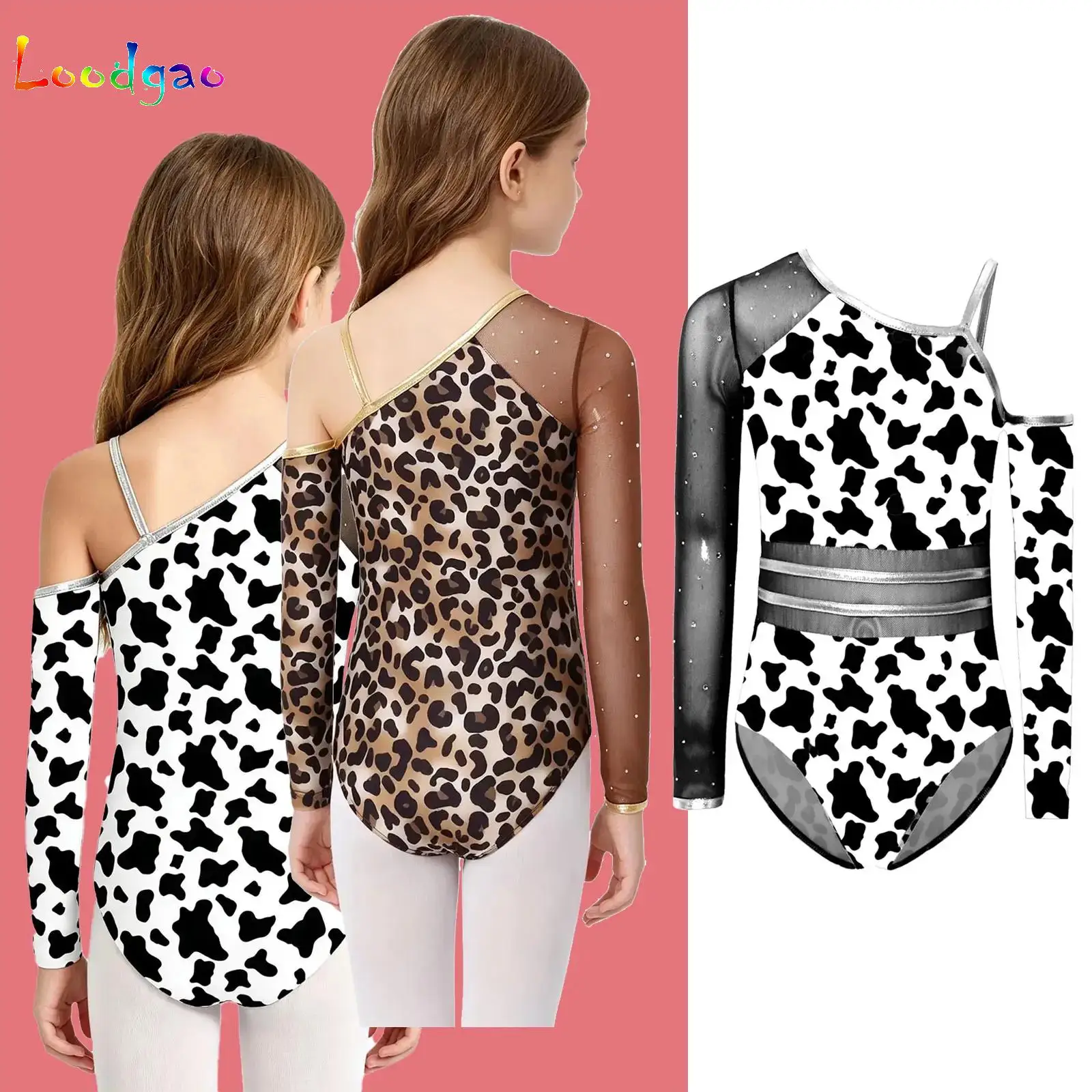 

Kids Girls Ballet Gymnastics Leotards Dance Asymmetrical Leopard Gym Bodysuit with Oversleeve Halloween Cave Performance Costume