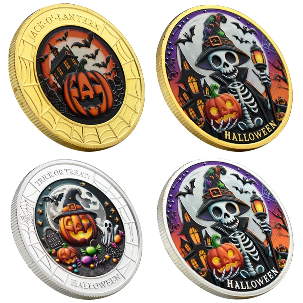 2024 New Halloween Challenge Coin Gold/Sliver Plated Witch&Skeleton Spooky Delights Frights Mischief Decoration Collection Gift