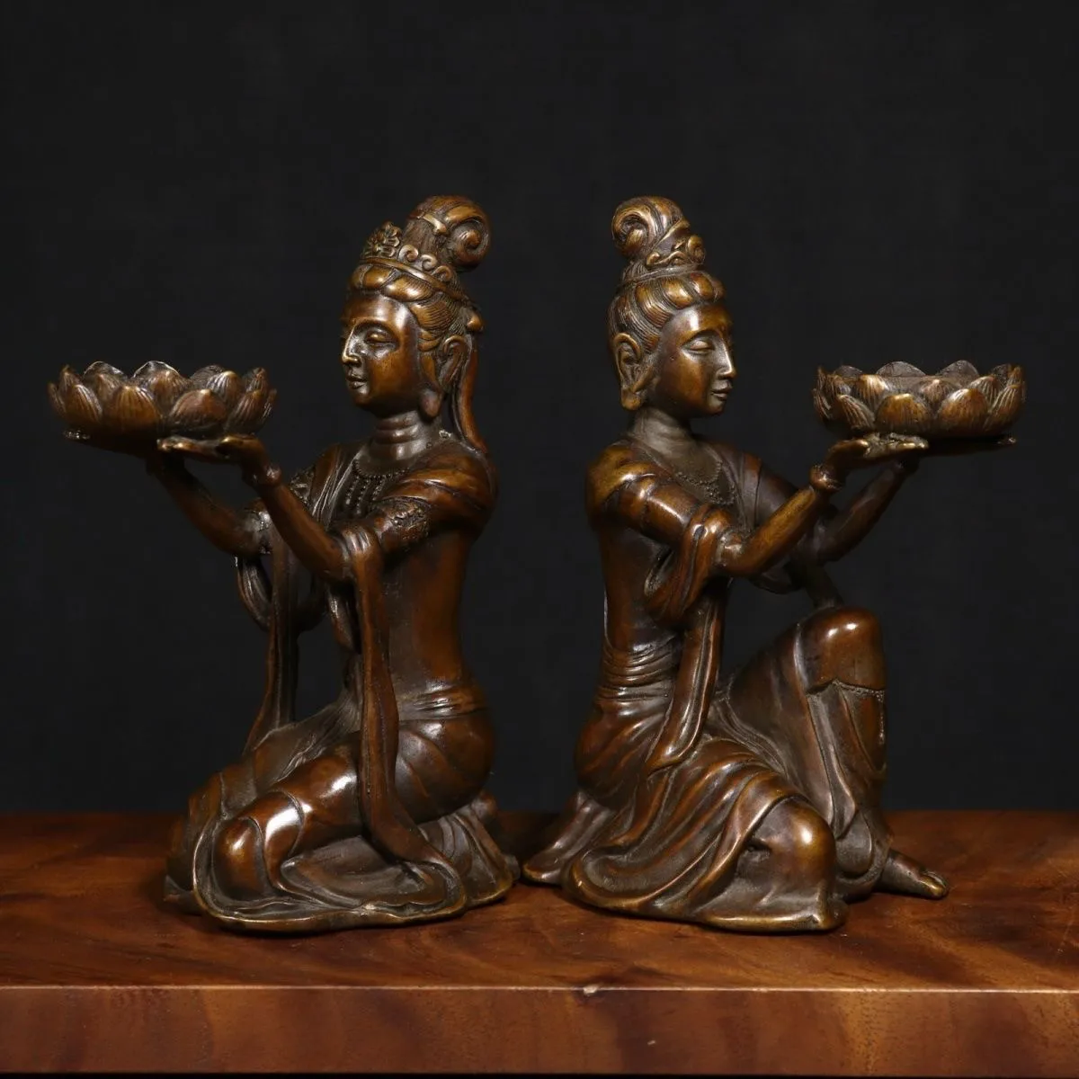 Tibetan Brass Copper Lady Candle Holders Pair Handmade Buddhist Study Decor