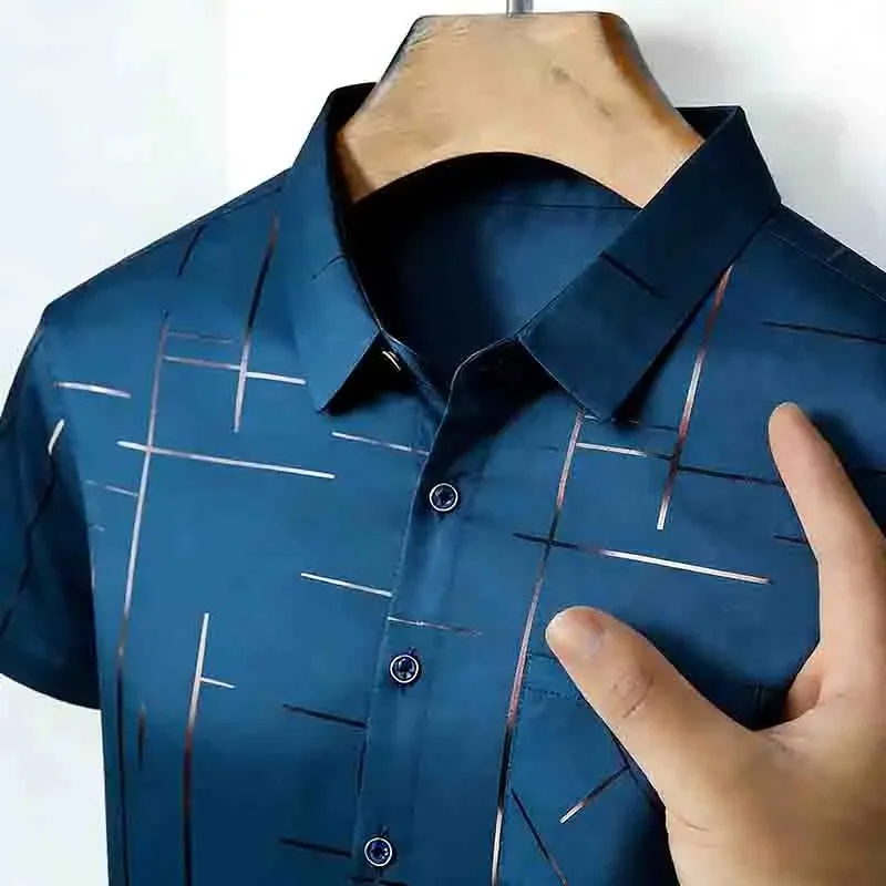 Men's Summer Short Sleeve Shirt 2026 Geometric Line Print Business Casual Button-Up with Chest Pocket