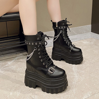 14CM Women High Platform Ankle Boots Autumn Gothic Style Leather Shoes Buckle Punk Motorcycle Boots Round Toe Chunky Sneakers
