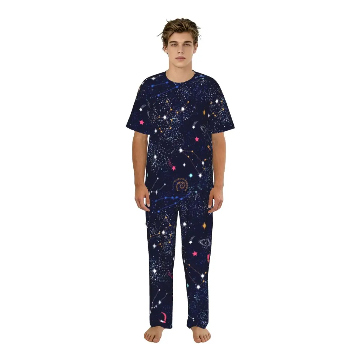 

Men Pajamas Suit Short Sleeved Long Pants Galaxy Constilation Sleepwear Summer Home Clothing Set
