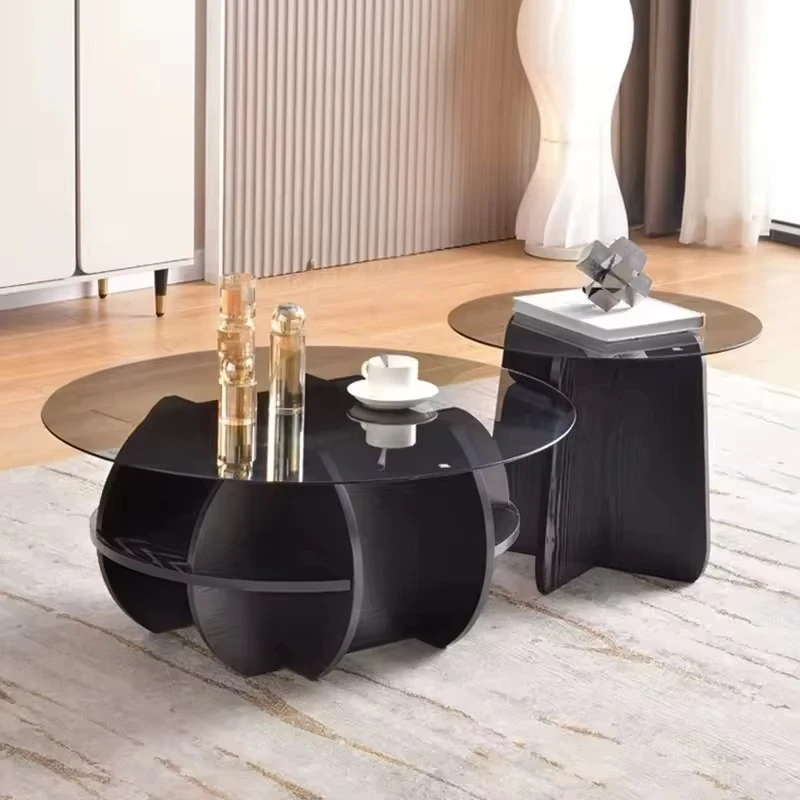 Cross wood coffee table black and white round style with tempered glass