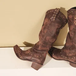 2025 Womens Western Boots Mid-Calf Big Size Fall Spring Winter Shoes with Rivets Lady Brown 40 41 42 43