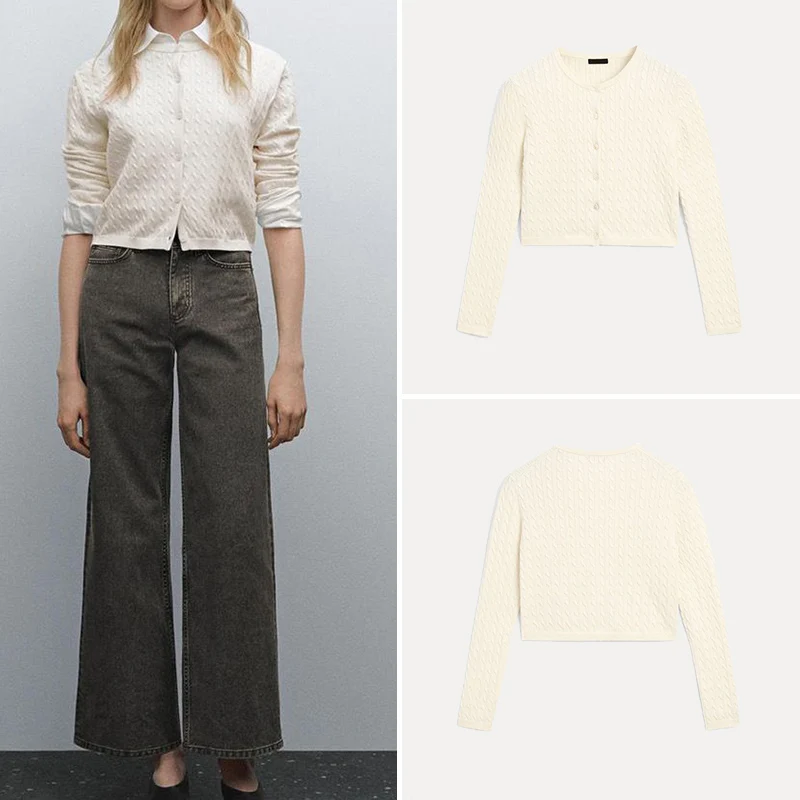 

Ele Lady Sle Pure Knitted round Ne Open Cardigan Spring 2025 MD Women's Faion Sweet Sle Long Sve ort Length