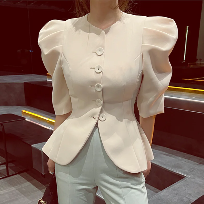 Elegant Women Blouses O-neck Puff Sleeve Tunic Shirts Solid Color Single Breasted Temperament Tops 2024 Blusas Mujer De Moda