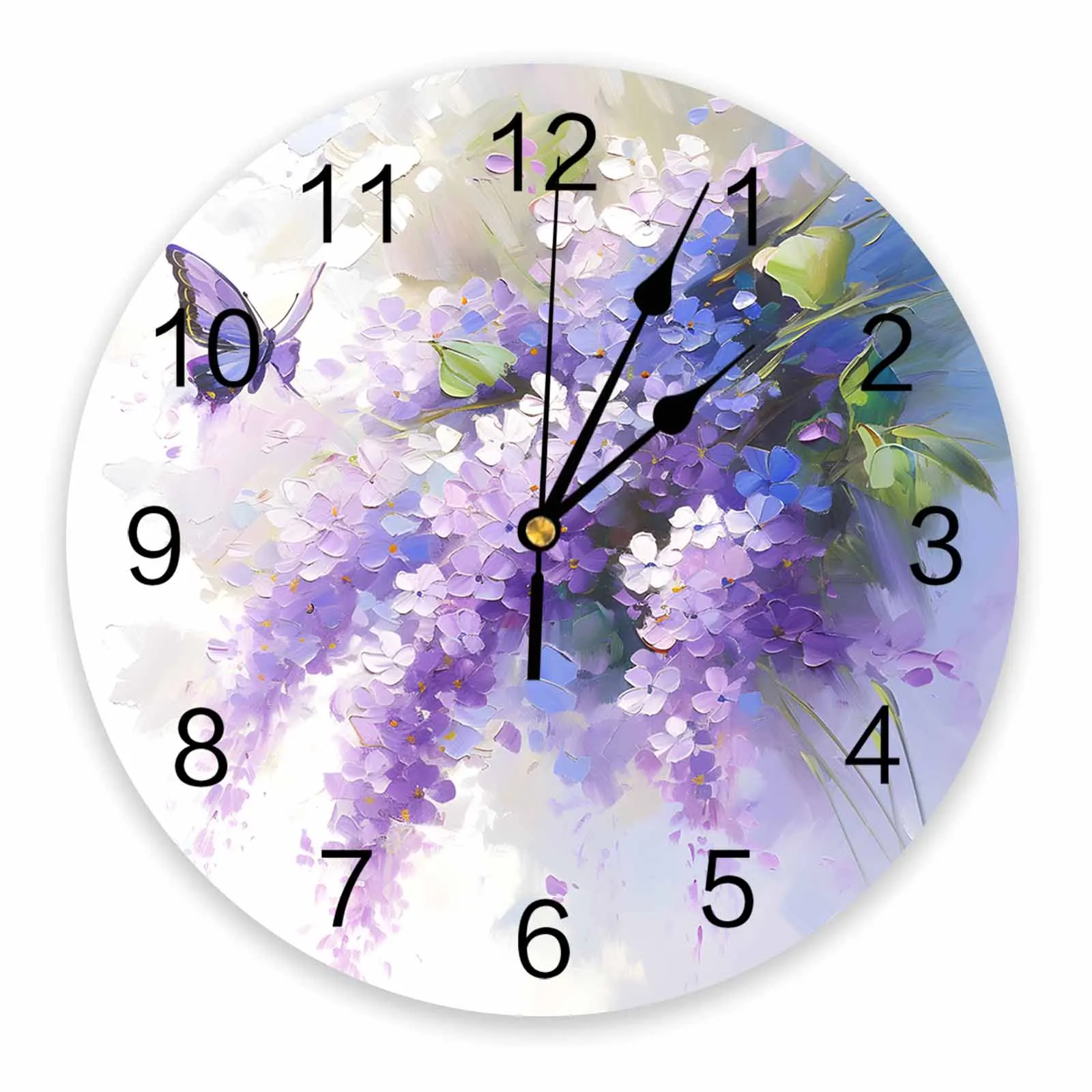 Oil Painting Purple Lavender Butterfly Printed Wall Clock Modern Silent Clock Living Room Home Decor Wall Hanging Watch