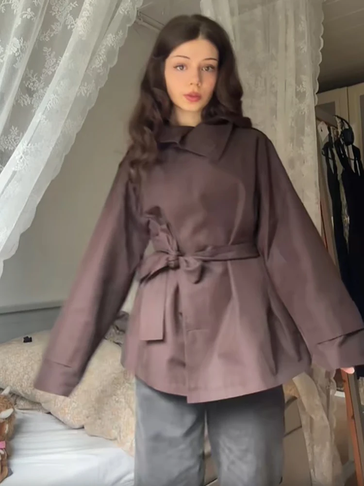 Minimalist Elegant Wind Jacket Versatile Loose Stylish Belted Waist Short Trench Coats Relaxed Women Trendy Fall Streetwear
