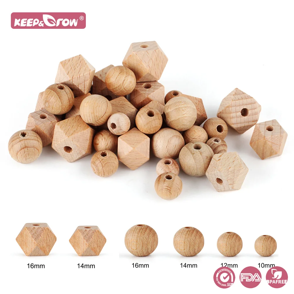 20pcs Beech Wooden Beads Hexagon Bead 10-16mm Wood Round Pearl Beads DIY Baby Pacifier Teething Necklace Natural Beech Bead