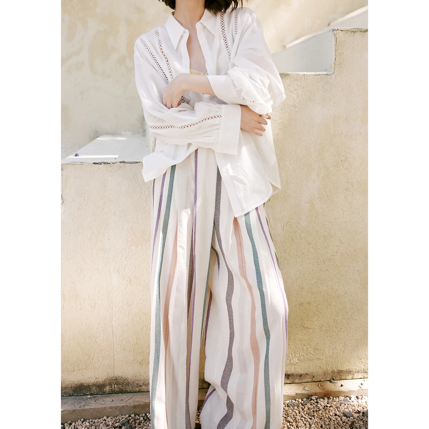 

Rosebanks Low Saturation Rainbow Stripes Casual Pants Holiday Relaxing Feel High Waist Straight Leg Cotton Long Trousers